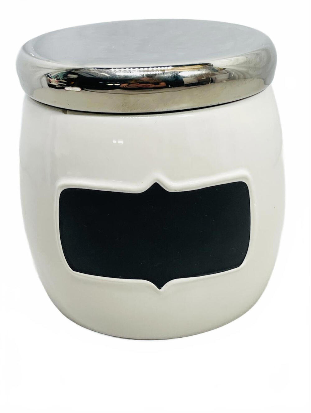 Boots & Barkley Pet Treat Jar Cermaic White with Chalk Label Silver Top